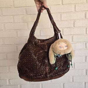 Vtg Brown Weaved Italian Leather slouchy shoulder bag Langellotti